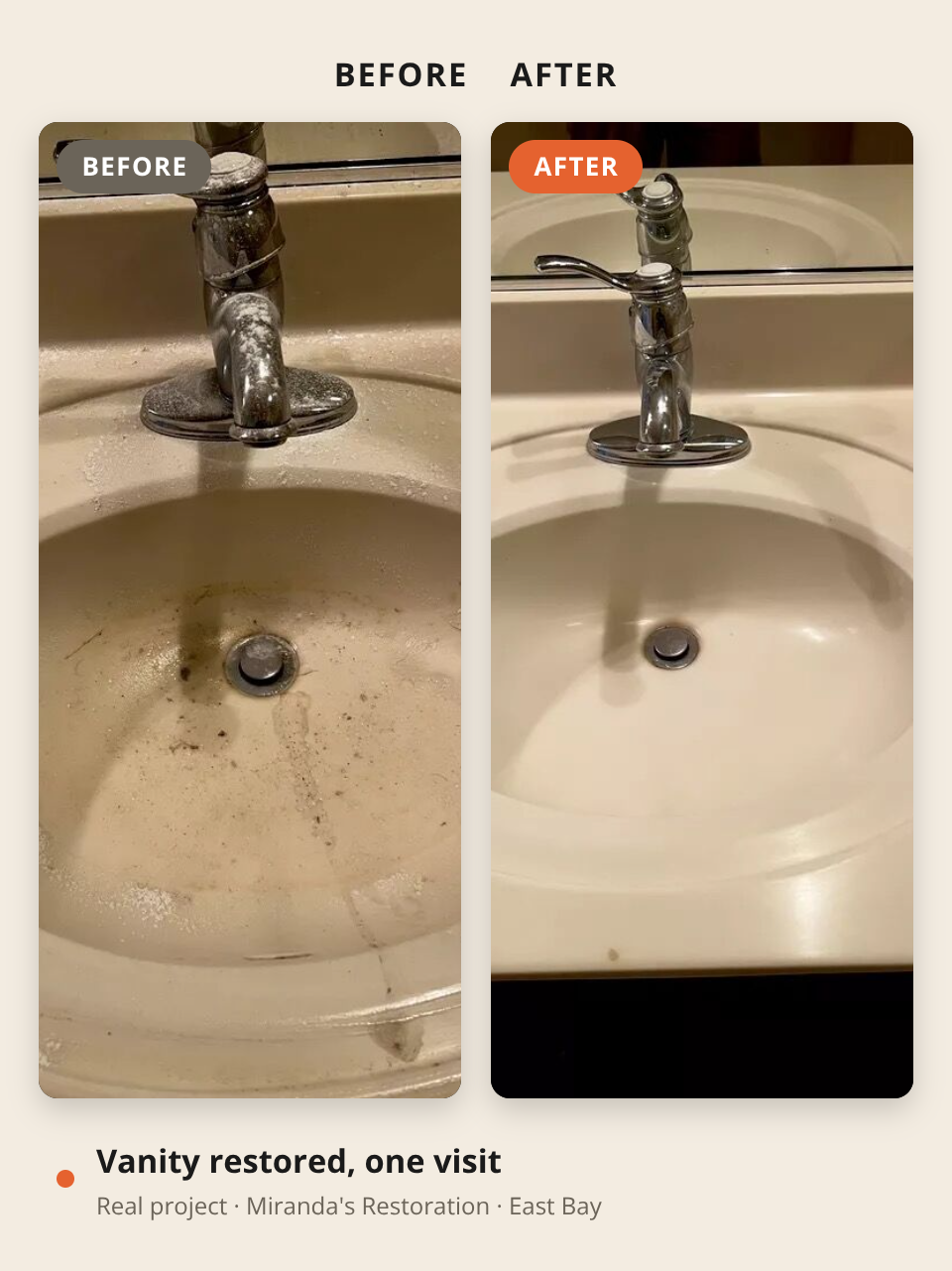 Before and after: a stained, grimy bathroom vanity restored to like-new by Miranda's Restoration in the East Bay.