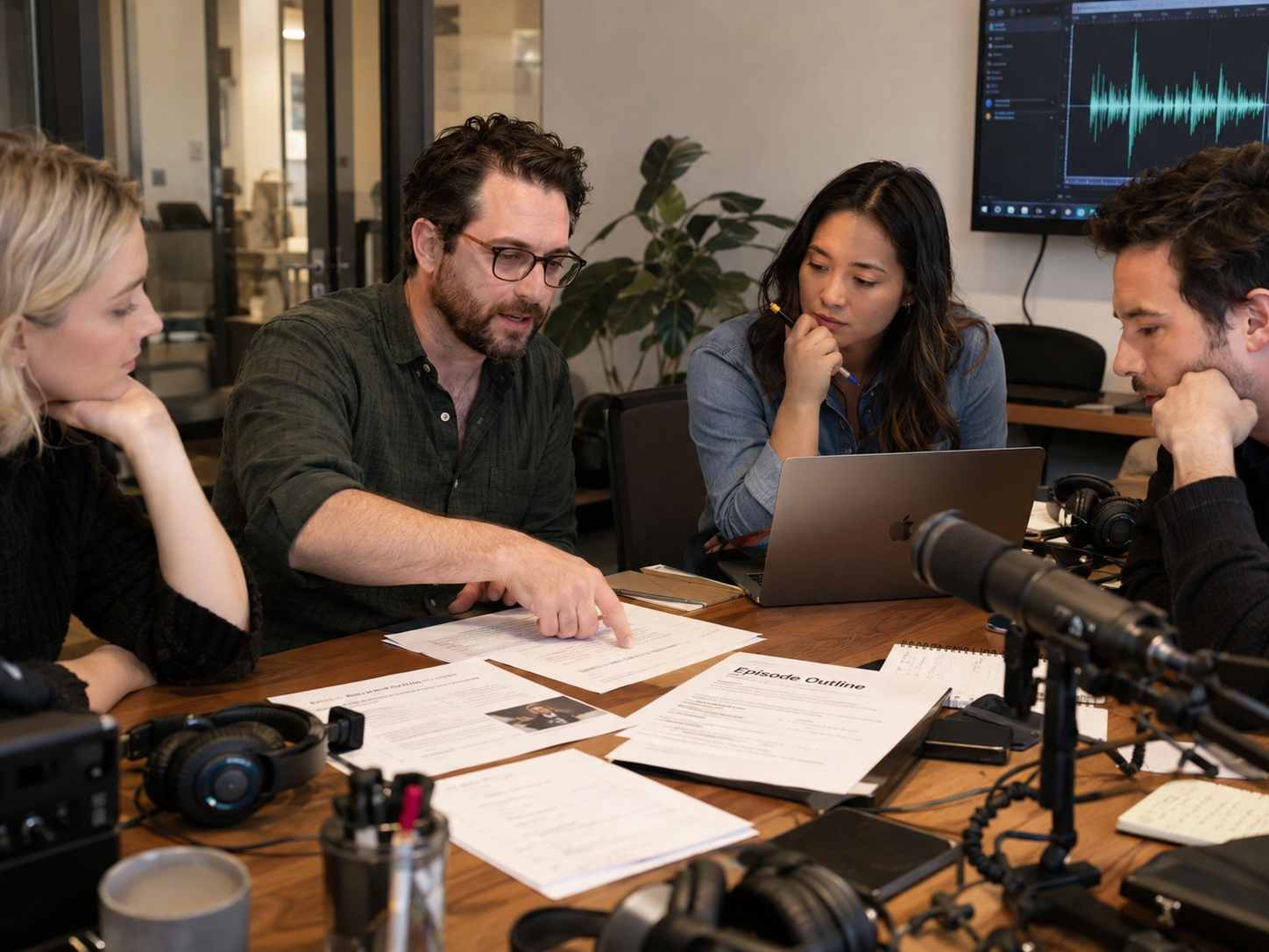 Creative team reviewing an episode outline and audio equipment around a conference table.